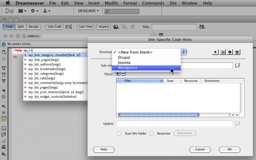 Suporte para WordPress no Dreamweaver CS5