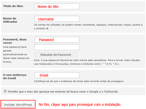 Como Instalar o WordPress paso a paso instalar wordpress dados login - Como Instalar o WordPress paso a paso
