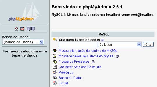 Página inicial do PHPMyAdmin