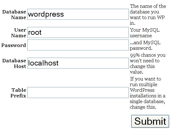 Formulário de instalação do WordPress